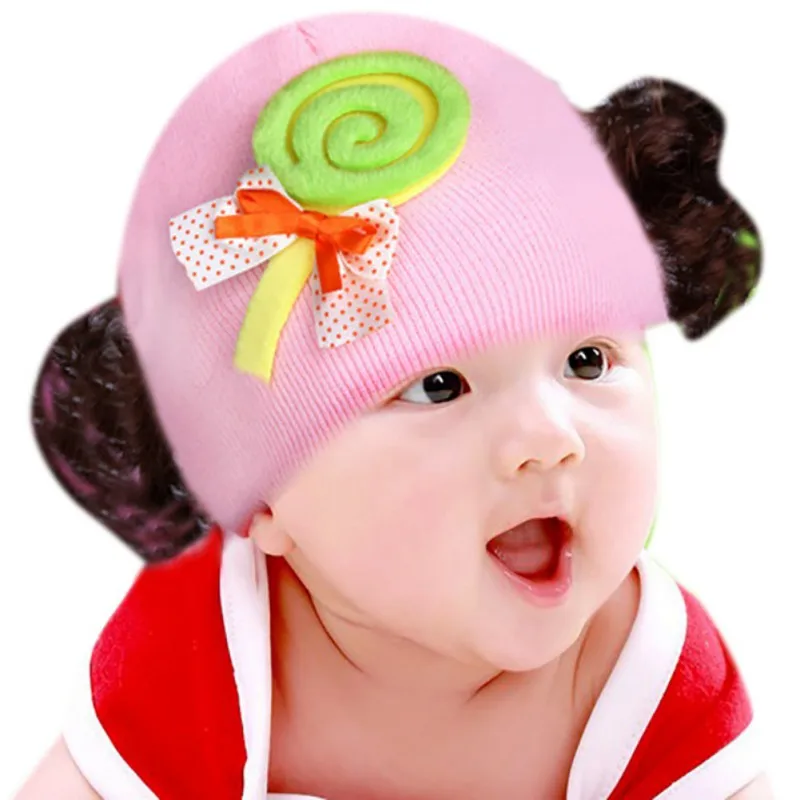 Милая детская шапка для младенцев, теплая вязаная шляпа, кепки для девочек, вязаная шляпа с бантом из мультфильма для девочек, поддельные волосы для париков шапок, детские головные уборы - Цвет: AP
