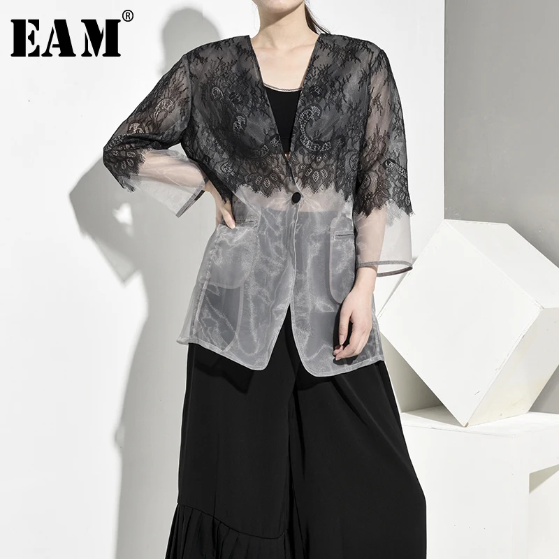 

[EAM] Loose Fit Black Lace Organza Split Joint Perspective Jacket New V-collar Long Sleeve Women Coat Fashion Autumn 2019 QK266