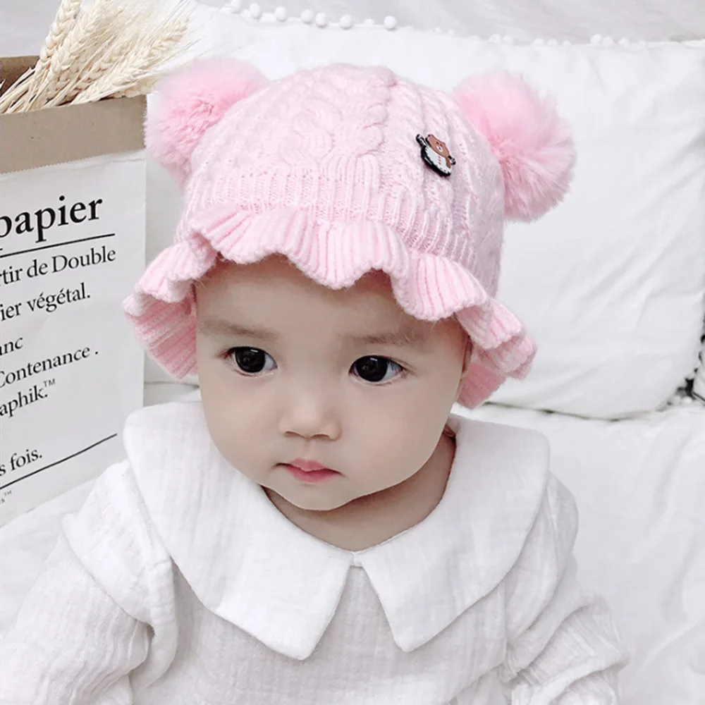 CYSINCOS One Size New Children's Knit Hat Cute Baby Boys Girls Cotton Double Wool Caps Core Wire Jacquard Cartoon Dome Hair Ball