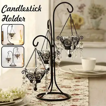 

Amber/Silver Reetro Wrought Iron Glass Candle Holders Crystal Jewels Candlestick Holder for Wedding Home Decoration