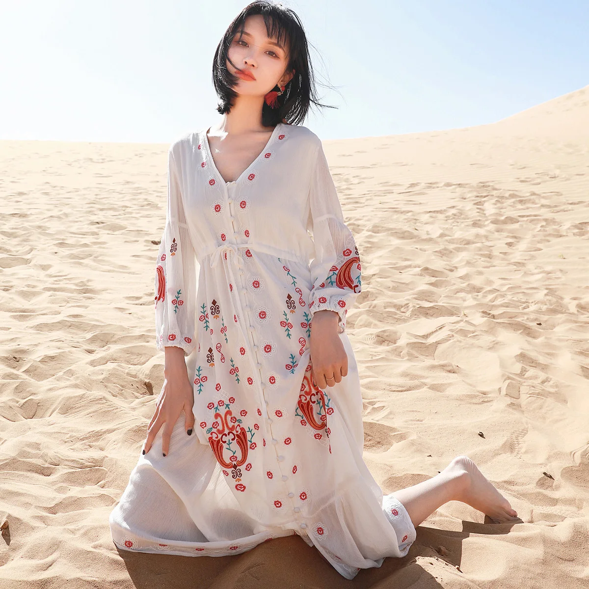 

Ethnic Floral Embroidered Maxi Dress for Women Clothing Buttons V-Neck Long Sleeves 2021 Summer Dresses Boho Beach Long Vestidos