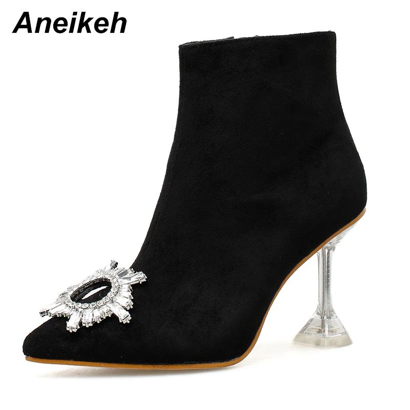 

Aneikeh 2020 Spring Fashion Women Boots CRYSTAL Crystal Heel Ankle Boots Thin Heels Shoes Zip Pointed Toe Sexy Boots Party Shoes