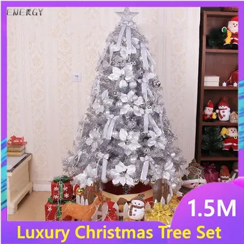 

Ready stock Top grade 1.5m cryptochrome silver-white Christmas tree set with LED string lights illuminated Christmas decorations