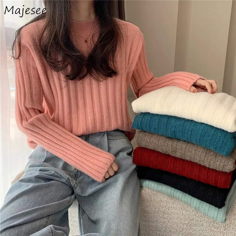 Pullovers Women Solid Pink O-neck Simple Design Chic Vintage All-match Students High Street Fashionable Loose Slim Cute Ladies | Женская
