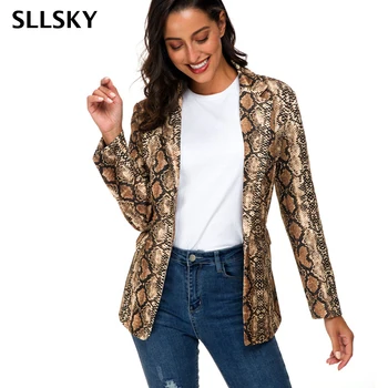 

SLLSKY England Style Snake Print Blazers Women Spring Autumn Fashion Long Sleeve Coat Pockets Notched Collar Female Outerwear