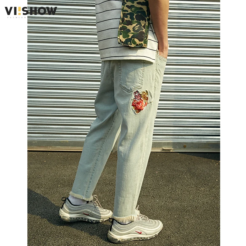 VIISHOW горячая Распродажа летние джинсы мужские хлопковые брюки винтажная вышивка и эффект усов брендовая одежда NC1715182