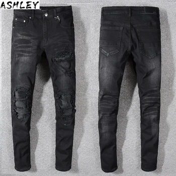 

black patchwork Men's stretch denim biker jeans for motorcycle Slim fit skinny ripped pencil pants
