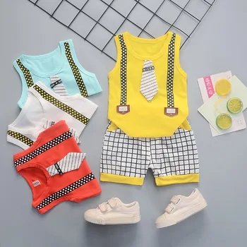 価格 2020夏ユニセックスベビー少年少女の服ネクタイストライプtシャツキャミソール + ショートパンツパンツ子供ジャージ1 2 3 4 5 6年