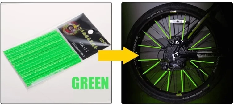 Green 12 шт./пакет езда на велосипеде обода колеса говорил светоотражающие наклейки для велосипедов трубки Предупреждение DIY велосипедный отражатель Аксессуары для велосипеда - Цвет: Green