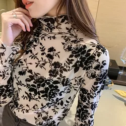 Blusas femininas de malha, moda coreana, para escritório, camisa e blusa feminina, manga comprida, floral, blusas soltas, sexy, tops femininas
