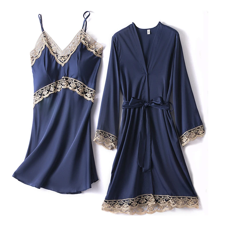 Sleepwear Women Robe Sets Lace Nightdress Kimono Bathrobe Bride Wedding Pajamas Lace Trim Women's Dress Casual Home Clothes 2021