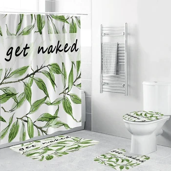 

Shower curtain set 4 pieces Restroom Partition curtain carpet Toilet mat Plant pattern HD printing Anti-mildew shower curtain
