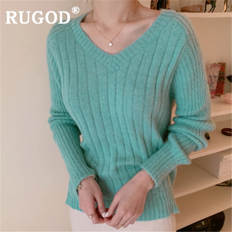 RUGOD, элегантные однотонные вязаные женские модные тонкие пуловеры с v-образным вырезом и длинным рукавом, женские повседневные офисные вязаные пуловеры Harajuku