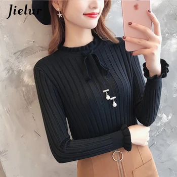

Jielur Ruffles Knitted Sweater Women Soft Jumper Fashion Sweet Femme 2020 Autumn Winter Elegant Slim Casual Elasticity Pullovers