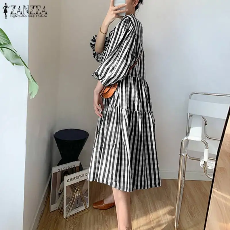 Stylish Summer Check Mid-Calf Dress ZANZEA Womens Puff Sleeve Sundress Vestidos Female V neck Casual Robe Femme Plus Size 5XL 7