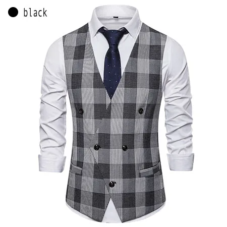 black Libithia мужские клетчатые повседневные костюмные жилеты двубортная осенняя одежда с v-образным вырезом без рукавов Мужская coffee кофейный черный A131 - Цвет: black