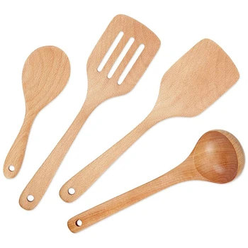 

Wooden Cooking Utensils, 4-Piece Wood Cooking Spoons, Cooking Utensil Set, Wood Spoon for Nonstick Cookware, Utensils