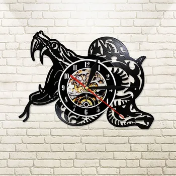 

Wildlife Animal Snake Wall Clock Made Of Real Vinyl Record Serpent Vintage 12" Black Hanging Watch Ophidian LED Night Light Lamp