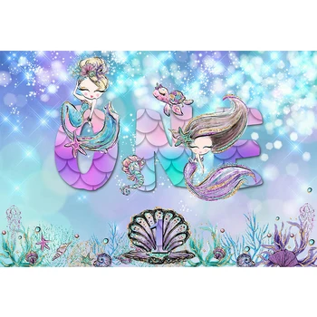 

Little Mermaid 1st Birthday Party Backdrop Pastel Blue Purple Color Printed Seaweed Turtle Princess Girl Photobooth Background