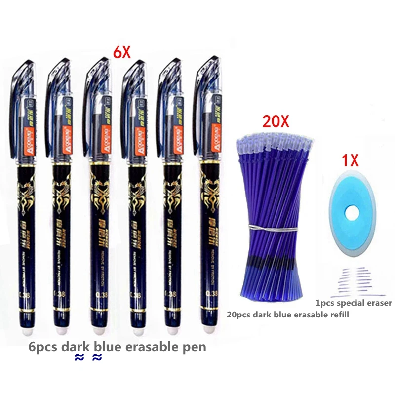 27pc-Set-Dark blue-E 27 шт./лот стираемая ручка, стержень, моющаяся ручка, шариковая ручка 0,5 мм, синие, черные чернила для школьных ручек, стирает канцелярские принадлежности - Цвет: 27pc-Set-Dark blue-E