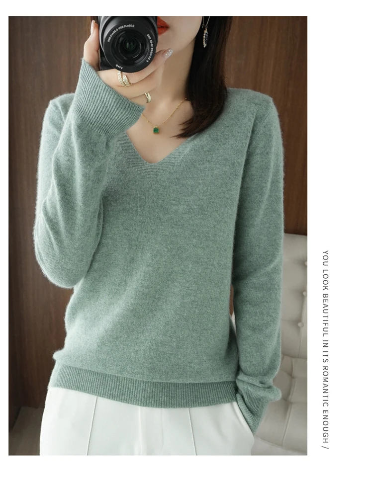 Autumn Winter New Cashmere Sweater Women Keep Warm V-neck Pullovers Knitting Sweater Fashion Korean Long Sleeve Loose Tops