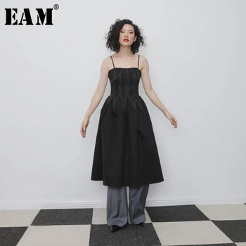 

[EAM] Women Black Pleated Temperament Dress New Spaghetti Strap Sleeveless Loose Fit Fashion Tide Spring Autumn 2020 1N121