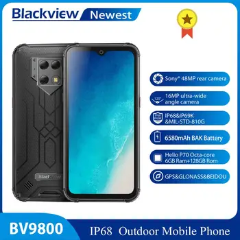 Перейти на Алиэкспресс и купить Смартфон Blackview BV9800, Android 9,0, Helio P70, 6 ГБ + 128 ГБ, задняя камера 48 МП, IP68 водонепроницаемый мобильный телефон, 6580 мАч, 6,3 дюйма FHD