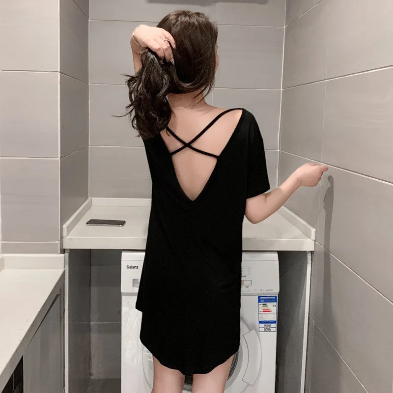 

Sexy Backless Nightgown Women's Summer Short-sleeved Beauty Back Back Cross Pajamas Solid Color Hollow out Modal Cotton Tracksui