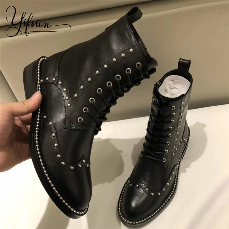 

OLOME New Genuine Leather Metal Chain Ankle Boots Round Toe Side Zip Chunky Low Heel Boots Autumn Winter Boots Shoes Women