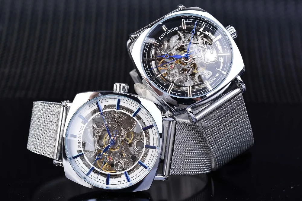 Forsining Top Brand Luxury Man Clock Fashion Mens Watch Casual Waterproof Rose Gold Mesh Skeleton Mechanical Wristwatches