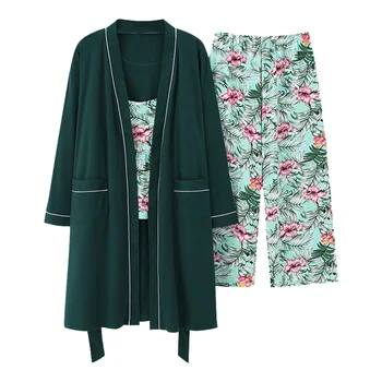 

Summer Pajamas For Women Cotton Plus Size Sleepwear Pyjamas Loose Pijamas 3 Pcs Floral Print Nightwear Lounge wear Nightsuits