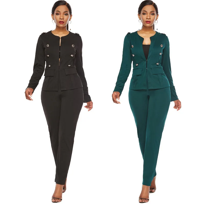 

Fashion Work OL Suit Female Blazer And Pants Suit 2 Pieces Set Female Coat Round Neck Sexy Chic Suit Women Office Outfits Female