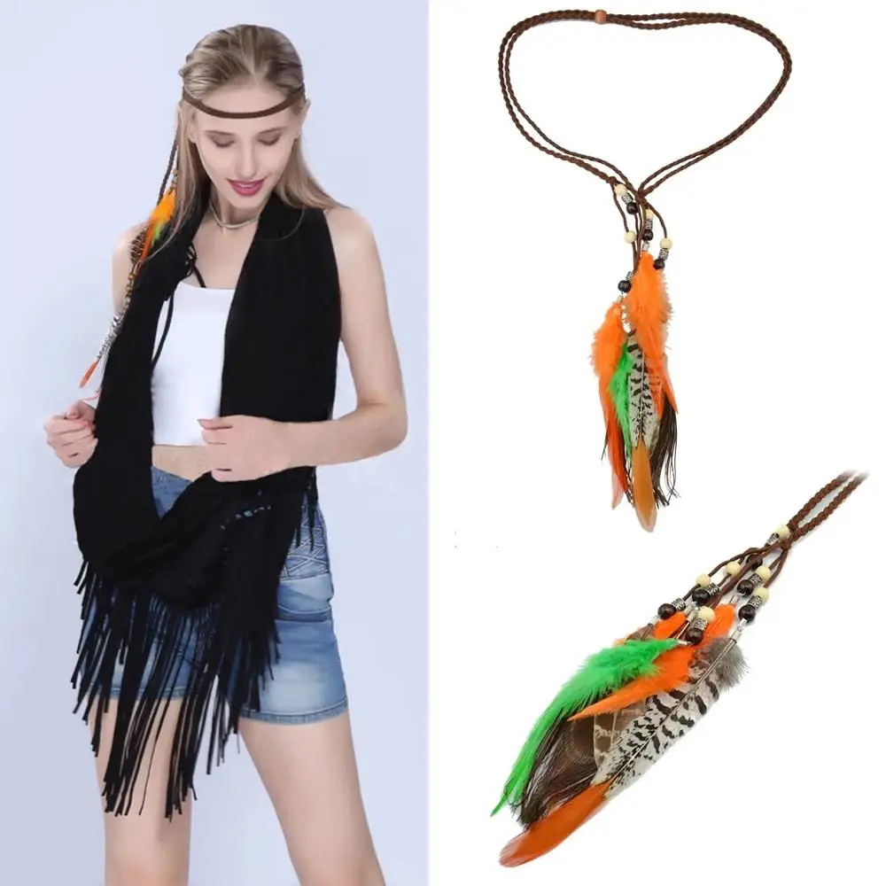 Повязка на голову женская с разноцветными перьями бохо для волос лент бусинами в