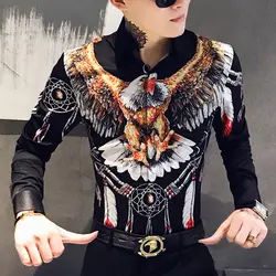 Осенняя мужская Модная приталенная рубашка с коротким рукавом Camisa Masculina 2019, Повседневная Уличная Мужская рубашка с принтом орла