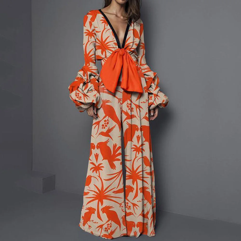 Женский комбинезон с цветочным принтом и v-образным вырезом элегантный широкими