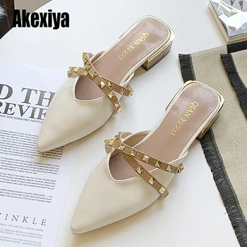 

Leather Women Mules Summer 2020 blue Studded Plain Shoes Slippers Slides Rivet Pointed Toe slippers Size 39 s170