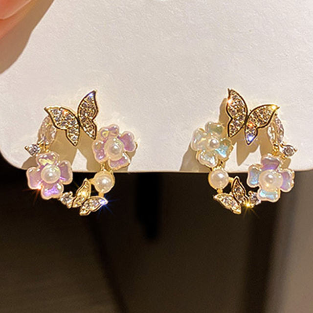 Flower Butterfly Earrings Women Shining CZ Zircon Stud Earring Girl Wedding Party Temperament Jewelry Pendant Brincos