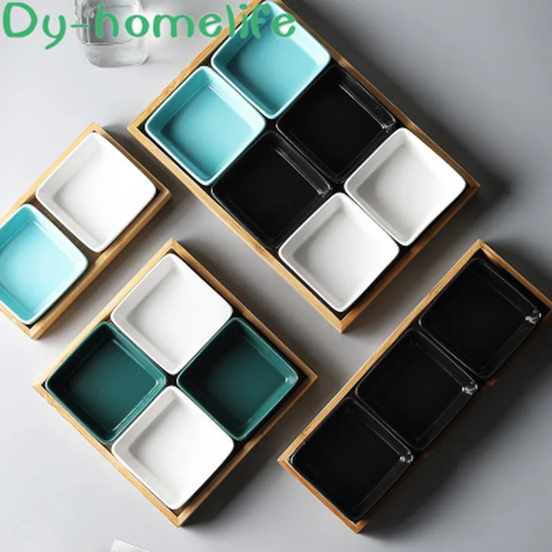 

Nordic Creative Square Multicolor Ceramic Platter Wooden Tray Household Snack Dried Fruit Dessert Grid Plate Patchwork