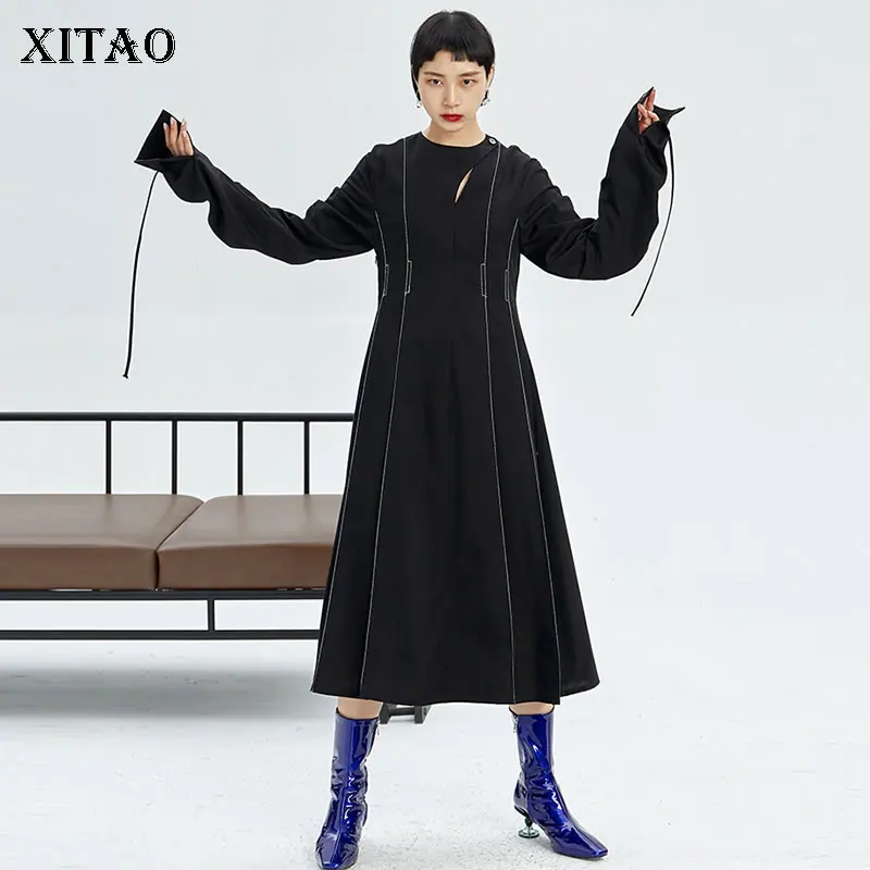 XITAO винтажное Плиссированное черное платье с завязками женская одежда модный приталенный пуловер с длинным рукавом элегантное платье DMY1157