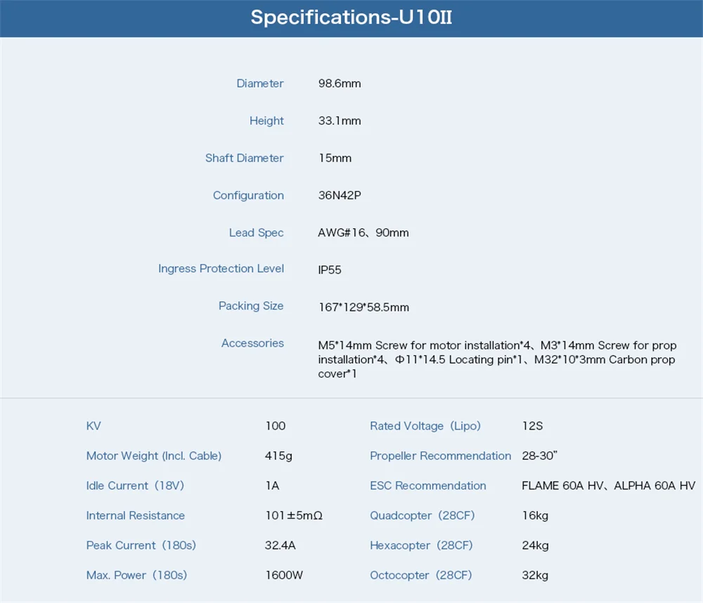 TMOTOR U10 II 100кв БПЛА высокая эффективность высокая Тяга Водонепроницаемый бесщеточный двигатель Макс. Тяга 10,6 кг поддержка FOC ESC драйвер