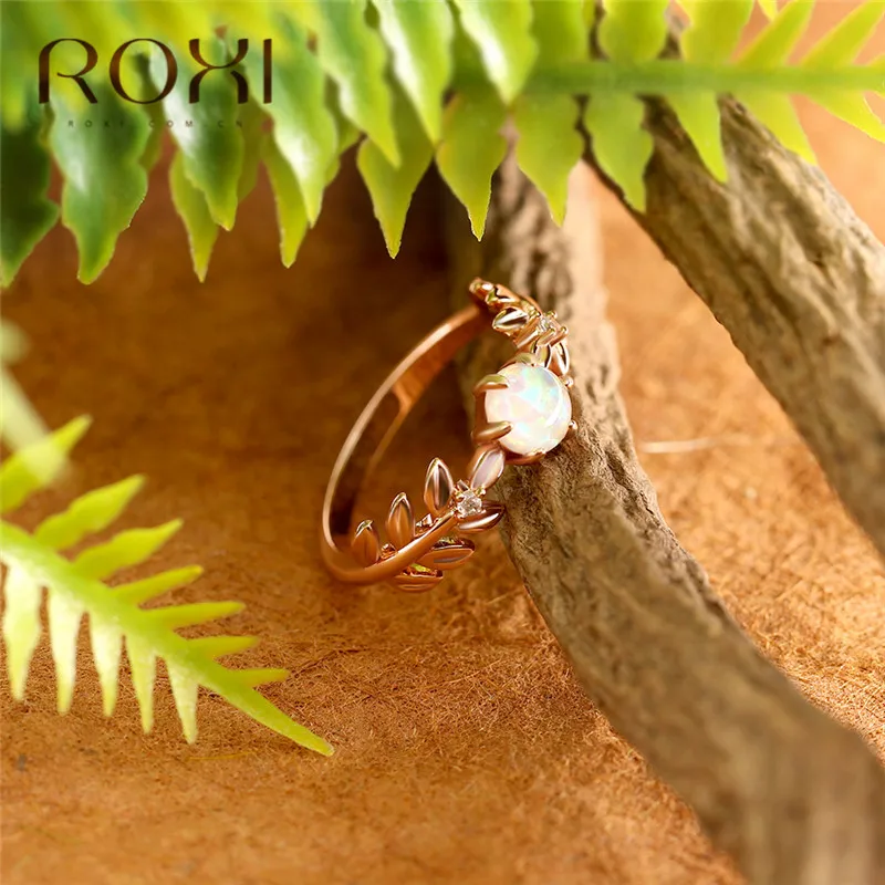ROXI Cute Laurel Wreath Wedding Rings for Women Olive Tree Branch Leaves Finger Ring Knuckle Jewelry Fire Opal Crystal Rings