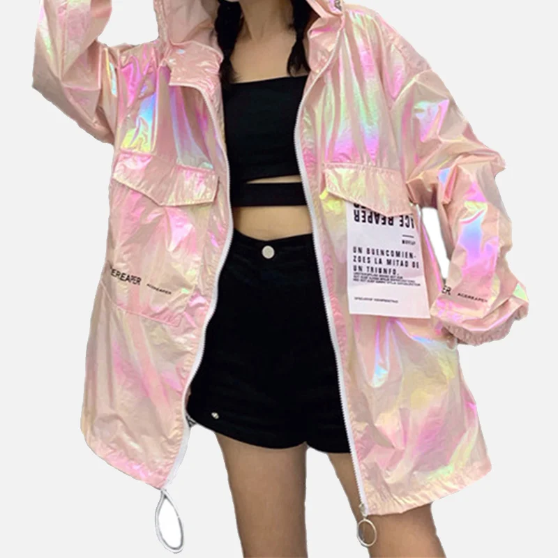 

2019 Autumn Hooded Bomber Women's Jacket Fluorescence Hip Hop Plus Size Long Sleeve Thin Jackets Summer Loose Silver Coat Female