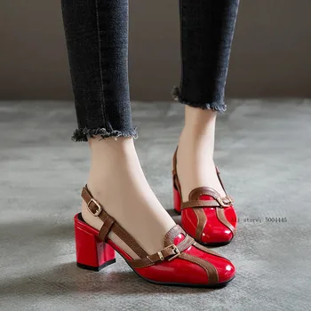 

Summer 2019 Red High Heel Shoes Women Buckle Patchwork Pumps Block Heels Slingbacks Plus Size Rome Shoe Ladies Footwear