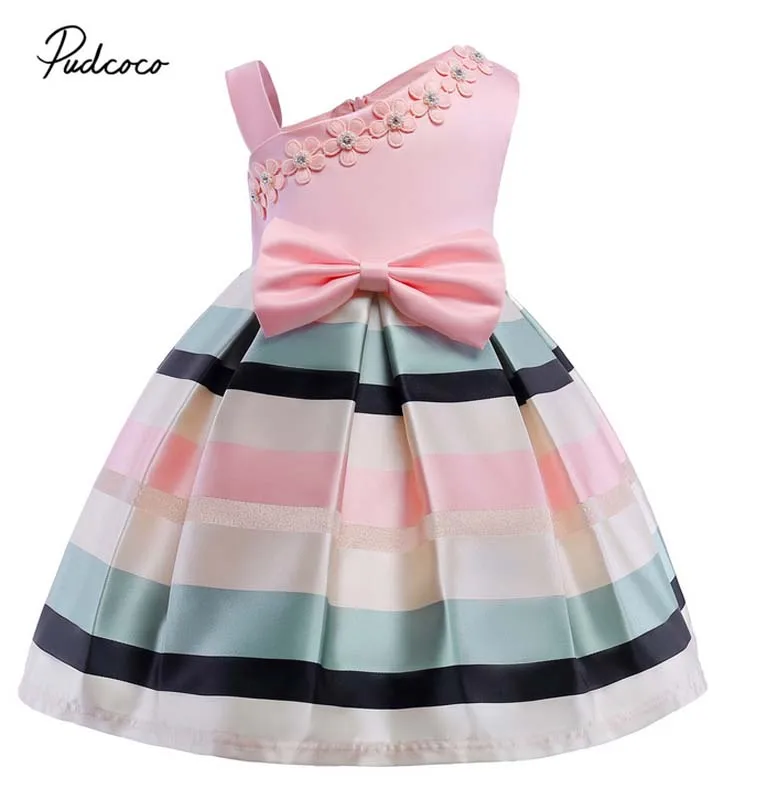 Праздничное платье принцессы с юбкой-пачкой для маленьких девочек От 3 до 9 лет платье в полоску на одно плечо с цветочным рисунком для маленьких детей, платье для выпускного, свадьбы, дня рождения