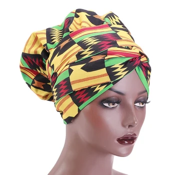 

African Hair Caps 38cm Print Satin Bonnet Long Ribbon Wrap Double Layer Headwrap Pattern Women Cover Large Size Hair Wrap Cap