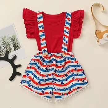 

Toddler Girl Baby 4th of July T-shirt Stars Stripes Suspender Shorts Set Children Girl Clothes voetbal pakjes kinderen roupas