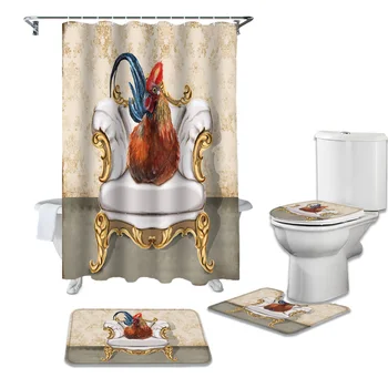 

Chicken Sitting On Sofa Retro Vintage Shower Curtains Set Bath Mat Set Toilet Cover Bathroom Accessories Bathroom Rug Set