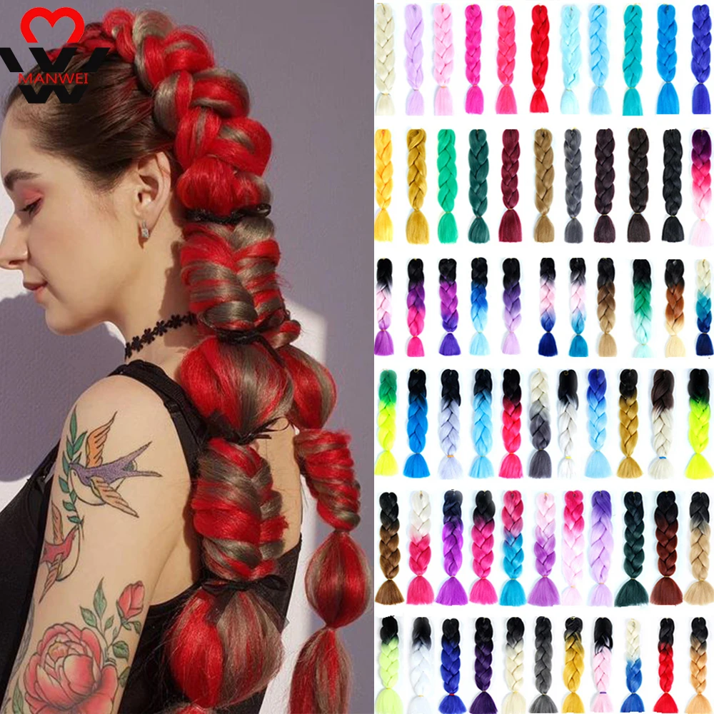 

MANWEI Pink Gray Blonde Colored Crochet Braids Heat Resistant Hair 60cm 100g/pc Synthetic Ombre Jumbo Braiding Hair Extensions