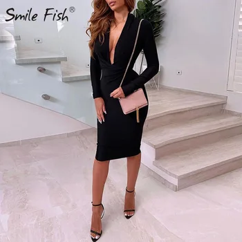 

2019 Autumn Winter Bodycon Women Midi Dress Pleated Lady Night Club Solid Red Black Robe Sexy Plunged V-Neck Sheath Dress GV819