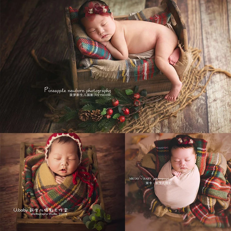 New Christmas Baby Wrap Series  Plaid Small Pillow Cushion Blanket Two-piece Newborn Photography Props Photo Studio